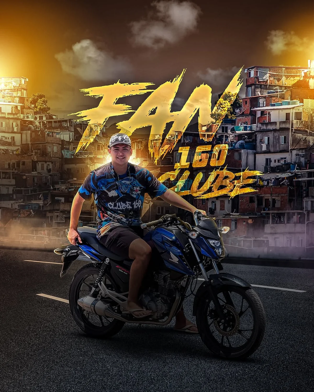 Identidade visual FAN 160 CLUBE com motocicleta em cenário urbano